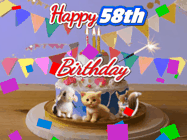 Happy Birthday Age 58 GIF, 58th Birthday GIF: Happy Birthday Cake GIF with a cat, lamb, and squirrel on the cake with flickering candles, a sparkler, and falling confetti. Reads Happy Birthday Name and you can customize the name