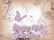 Happy Birthday Age 59 GIF, 59th Birthday GIF: Classical birthday gif background with colorful musical notes floating past and a name you can customize, reads Happy Birthday.