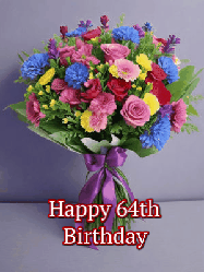 Happy Birthday Age 64 GIF, 64th Birthday GIF: A beautiful animated birthday gif with a bouquet of flowers and animated hearts reading Happy Birthday Customize