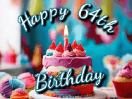 Happy Birthday Age 64 GIF, 64th Birthday GIF: Animated Happy Birthday Gif reading Happy Birthday Customize. Depicts a colorful birthday with flickering candles and glitter.