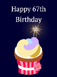 Happy Birthday Age 67 GIF, 67th Birthday GIF: A cute birthday cupcake gif with an animated sparkler and 2 lines of text to customize for a special birthday.