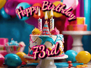 Happy Birthday Age 73 GIF, 73rd Birthday GIF: Animated birthday gif with a beautiful colorful birthday can and sparkles in the air. It reads Happy Birthday Customize.