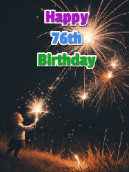 Happy Birthday Age 76 GIF, 76th Birthday GIF: A little girl launching birthday sparklers at night with Happy Birthday Name text you can personalize. 