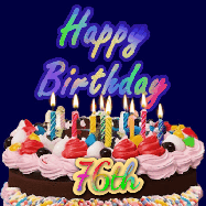 Happy Birthday Age 76 GIF, 76th Birthday GIF: A dark blue birthday gif with a beautiful cake with flickering candles, background sparkles and a name to customize.