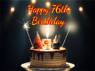 Happy Birthday Age 76 GIF, 76th Birthday GIF: Animated birthday cake gif with sparklers on a dark background. Personalize up to 3 lines of text.