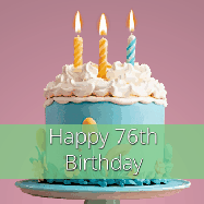 Happy Birthday Age 76 GIF, 76th Birthday GIF: Sparkles fly over a birthday cake that has 3 flickering candles, text in a colored band read Happy Birthday Name.