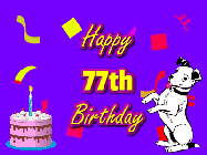 Happy Birthday Age 77 GIF, 77th Birthday GIF: Silly happy birthday gif with a cute dog in a corner and rainbow animation confetti. Birthday cake in order with candle.