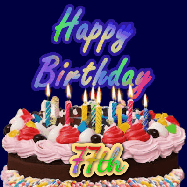 Happy Birthday Age 77 GIF, 77th Birthday GIF: A dark blue birthday gif with a beautiful cake with flickering candles, background sparkles and a name to customize.