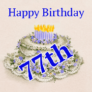 Happy Birthday Age 77 GIF, 77th Birthday GIF: A beautiful animated birthday gif with a vintage style cake drawing and animated candle flames. Customize the name and text.