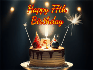 Happy Birthday Age 77 GIF, 77th Birthday GIF: Animated birthday cake gif with sparklers on a dark background. Personalize up to 3 lines of text.