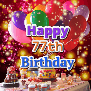 Happy Birthday Age 77 GIF, 77th Birthday GIF: Animated happy birthday gif on a bright red glittery background and 3 lines of text reading Happy Birthday Customize