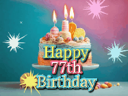 Happy Birthday Age 77 GIF, 77th Birthday GIF: A colorful animated Happy Birthday Cake GIF with swirling sparkles and flickering candles. It reads Happy Birthday Name