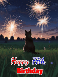 Happy Birthday Age 77 GIF, 77th Birthday GIF: An animated gif at night showing the backside of a sitting cat who watches sparkle and fireworks over a meadow. Customize name and happy birthday.