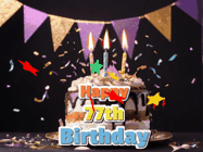 Happy Birthday Age 77 GIF, 77th Birthday GIF: Happy birthday cake animated gif with flickering candles, animated text, and falling confetti. Customize text reading Happy Birthday Customize.