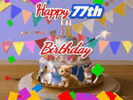 Happy Birthday Age 77 GIF, 77th Birthday GIF: Happy Birthday Cake GIF with a cat, lamb, and squirrel on the cake with flickering candles, a sparkler, and falling confetti. Reads Happy Birthday Name and you can customize the name