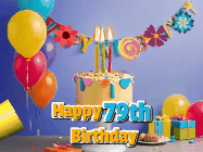 Happy Birthday Age 79 GIF, 79th Birthday GIF: Happy birthday cake animated gif with flickering candles, balloons, confetti, and text to customize.
