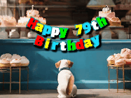 Happy Birthday Age 79 GIF, 79th Birthday GIF: Cute puppy animated birthday gif with dog watching the cake shop, then cake arrives and tail goes crazy! Customize it!