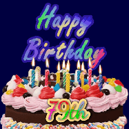 Happy Birthday Age 79 GIF, 79th Birthday GIF: A dark blue birthday gif with a beautiful cake with flickering candles, background sparkles and a name to customize.