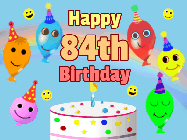 Happy Birthday Age 84 GIF, 84th Birthday GIF: Look at these cute balloons! Floating above a birthday cake. Animated happy faces too. Happy Birthday GIF. Customize. 