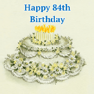 Happy Birthday Age 84 GIF, 84th Birthday GIF: A beautiful vintage birthday cake design with flickering candles atop and three lines of customized happy birthday text.