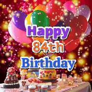 Happy Birthday Age 84 GIF, 84th Birthday GIF: Animated happy birthday gif on a bright red glittery background and 3 lines of text reading Happy Birthday Customize
