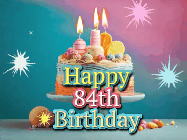 Happy Birthday Age 84 GIF, 84th Birthday GIF: A colorful animated Happy Birthday Cake GIF with swirling sparkles and flickering candles. It reads Happy Birthday Name