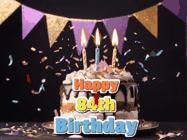Happy Birthday Age 84 GIF, 84th Birthday GIF: Happy birthday cake animated gif with flickering candles, animated text, and falling confetti. Customize text reading Happy Birthday Customize.