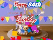 Happy Birthday Age 84 GIF, 84th Birthday GIF: Happy Birthday Cake GIF with a cat, lamb, and squirrel on the cake with flickering candles, a sparkler, and falling confetti. Reads Happy Birthday Name and you can customize the name