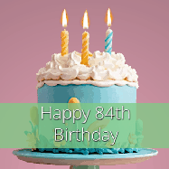 Happy Birthday Age 84 GIF, 84th Birthday GIF: Sparkles fly over a birthday cake that has 3 flickering candles, text in a colored band read Happy Birthday Name.
