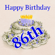 Happy Birthday Age 86 GIF, 86th Birthday GIF: A beautiful animated birthday gif with a vintage style cake drawing and animated candle flames. Customize the name and text.