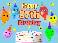 Happy Birthday Age 87 GIF, 87th Birthday GIF: Look at these cute balloons! Floating above a birthday cake. Animated happy faces too. Happy Birthday GIF. Customize. 