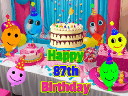 Happy Birthday Age 87 GIF, 87th Birthday GIF: A birthday animated gif with a party room in the background and cute balloons, cake, and name to customize.