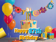 Happy Birthday Age 87 GIF, 87th Birthday GIF: Happy birthday cake animated gif with flickering candles, balloons, confetti, and text to customize.