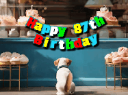 Happy Birthday Age 87 GIF, 87th Birthday GIF: Cute puppy animated birthday gif with dog watching the cake shop, then cake arrives and tail goes crazy! Customize it!