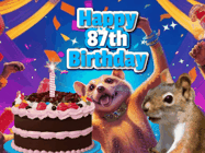 Happy Birthday Age 87 GIF, 87th Birthday GIF: A silly animated birthday gif, a chipmunk lights bady cake sparkler with laser beam eyes and starts a bright glitter party.