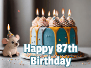 Happy Birthday Age 87 GIF, 87th Birthday GIF: Super cute birthday gif with name and little mouse in a party hat, a birthday cake with flickering candles. Customize text.