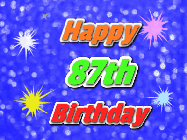 Happy Birthday Age 87 GIF, 87th Birthday GIF: A glitter birthday gif with a blue glitter background and animated text reading Happy Birthday Name