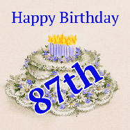 Happy Birthday Age 87 GIF, 87th Birthday GIF: A beautiful animated birthday gif with a vintage style cake drawing and animated candle flames. Customize the name and text.