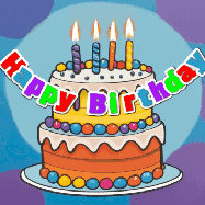 Happy Birthday Aaron GIF: Festive birthday cake GIF with name, stars, hearts, and confetti streaking past and flickering candles.