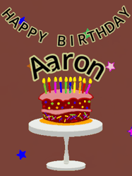 Happy Birthday Aaron GIF: Animated birthday gif of a chocolate cartoon cake and stars. Animated text can be customized with name.
