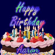 Happy Birthday Aaron GIF: A dark blue birthday gif with a beautiful cake with flickering candles, background sparkles and a name to customize.