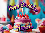 Happy Birthday Aaron GIF: A colorful animated birthday gif of a cake and falling stars with a flickering candle. Text reads Happy Birthday and Customize.