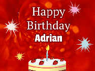 Happy Birthday Adrian GIF: A bright red happy birthday gif animated with a cake candle, and glitter and sparkles. Customize with name.