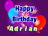 Happy Birthday Adrian GIF: A lovely purple birthday gif animated with moving text, a balloon, and bubbles. Customize it.