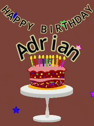 Happy Birthday Adrian GIF: Animated birthday gif of a chocolate cartoon cake and stars. Animated text can be customized with name.