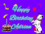 Happy Birthday Adrian GIF: Silly happy birthday gif with a cute dog in a corner and rainbow animation confetti. Birthday cake in order with candle.