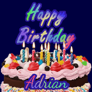 Happy Birthday Adrian GIF: A dark blue birthday gif with a beautiful cake with flickering candles, background sparkles and a name to customize.