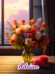 Happy Birthday Adrian GIF: A vase of flowers and animated hearts pop in and out as the words Happy Birthday Name appears that you can customize