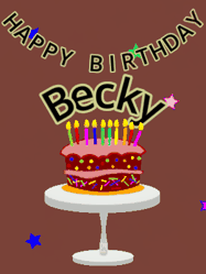 Happy Birthday Becky GIF: Animated birthday gif of a chocolate cartoon cake and stars. Animated text can be customized with name.