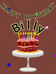 Happy Birthday Billy GIF: Animated birthday gif of a chocolate cartoon cake and stars. Animated text can be customized with name.